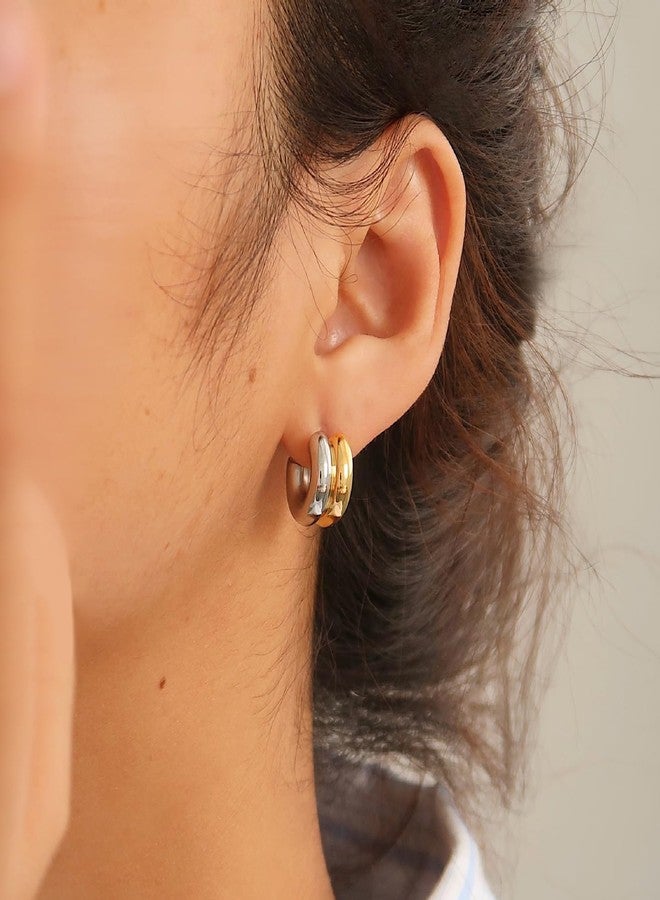 NUZON Two Tone Double Hoops Earrings for Women 18K Gold Plated Hypoallergenic Post Silver & Gold Mixed Metal Small C Open Earrings Statement Minimalist Jewelry Best Friend - Image 3